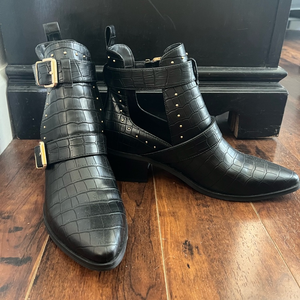 Black Croc-Embossed Ankle Boots with Buckles Brand New